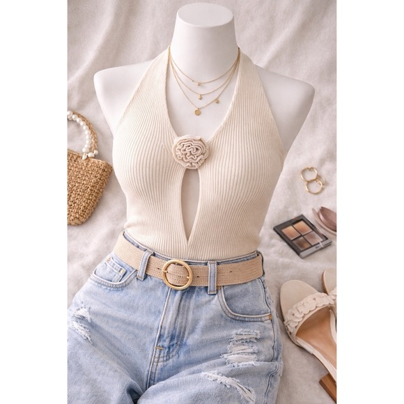 PrettyLittleThing Tops - PrettyLittleThing Cream Rib Knit Halter‎ Rosette Top NWT Size M